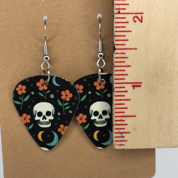 Skull and Floral Guitar Pick Earrings Fashion Jewelry - Picture 2 of 2